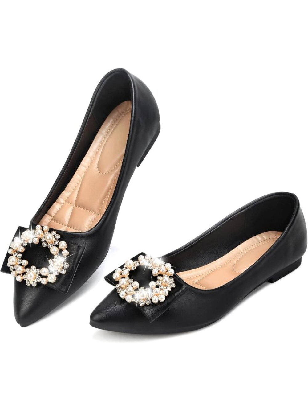 Women's Patent Black Pointed Toe Pearl Flats Faux Suede Comfort Dress for Shoes